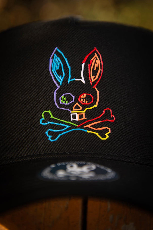 Psycho Bunny Rainbow Bunny Lines Black Trucker Cap