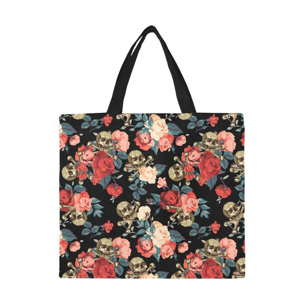 Skull and Roses Pattern Large Canvas Tote Bag