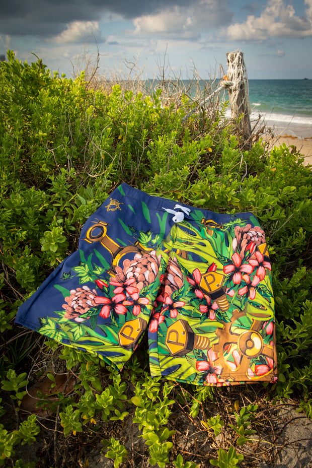 Mech Florale Burst Board Shorts Pixel Pancho Swimwear - Board Shorts Mech Florale Burst Board Shorts Mech Florale Burst Board Shorts - Devious Elements Apparel