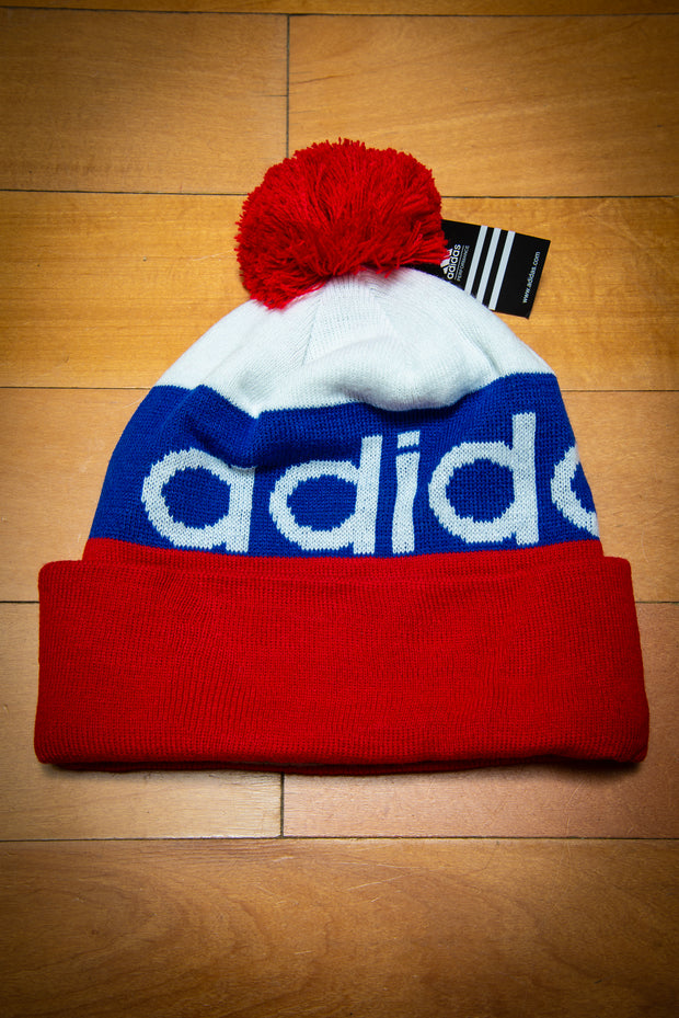 Adidas Originals Red White Cuffed Knit Sport Beanie Hat with Pom